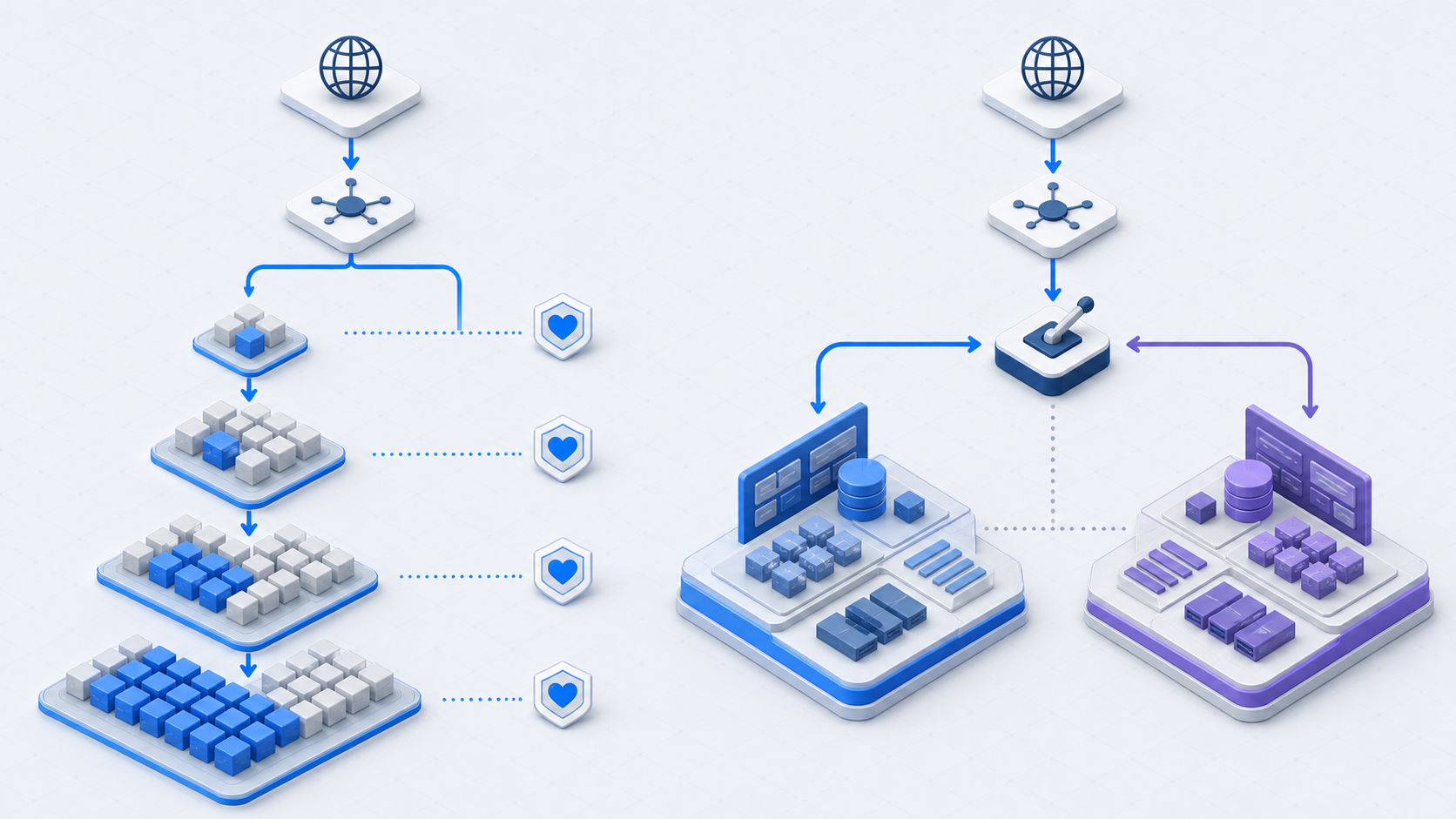 Side-by-side deployment diagram comparing progressive canary stages with a traffic switch between two complete environments