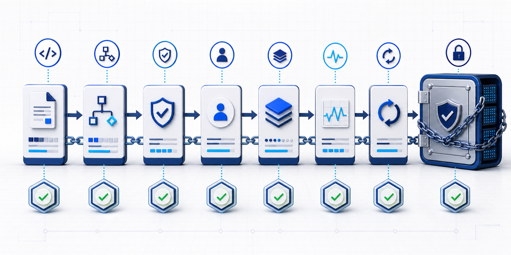 Eight connected stages carry source, approval, deployment, telemetry, recovery, and retention evidence into a secure archive