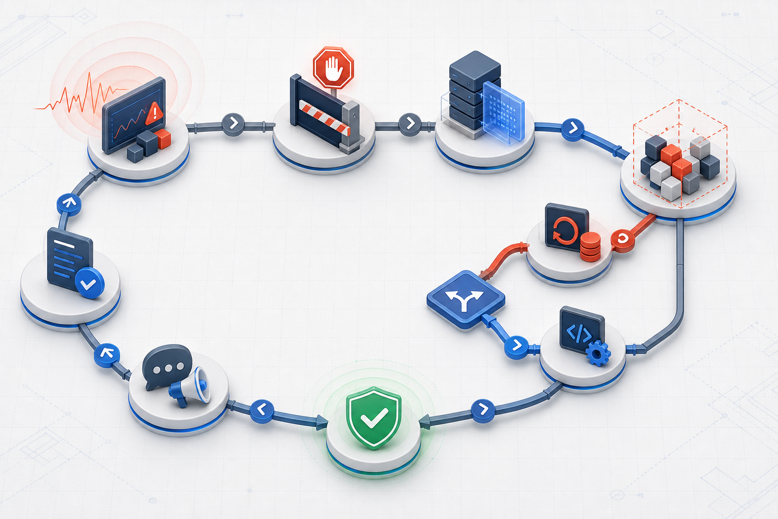 Incident response loop connects detection, containment, evidence, recovery decision, verification, communication, and learning