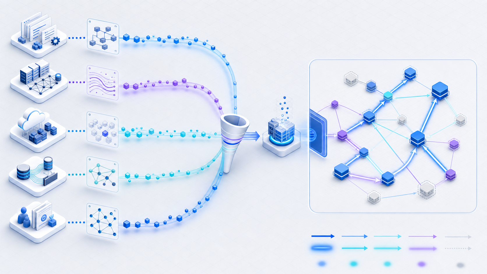 Configuration, runtime, cloud, data, and ownership evidence converging through normalization into a directional dependency graph