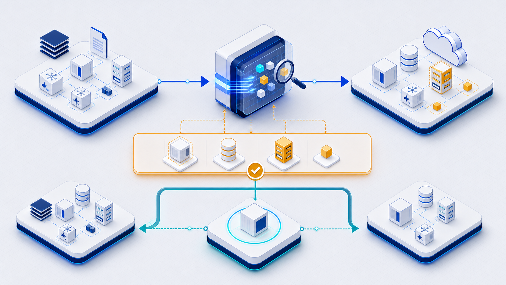 Declared infrastructure and live cloud resources entering a comparison stage with drift isolated for review and reconciliation
