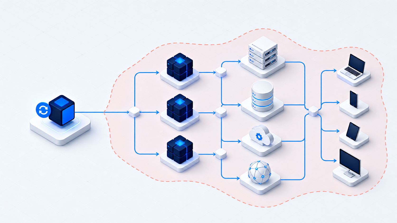 Dependency diagram showing one change reaching services, infrastructure, data stores, and customer devices inside an impact boundary